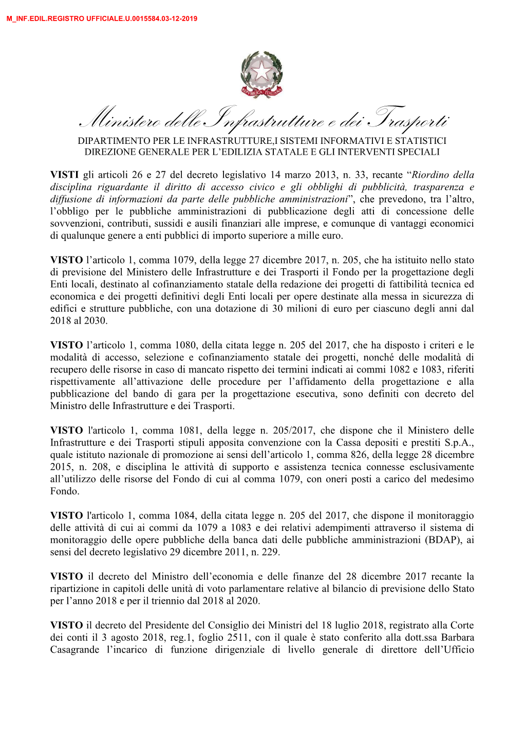 Decreto Di Ammissione N. 15584 Del 3 Dicembre 2019