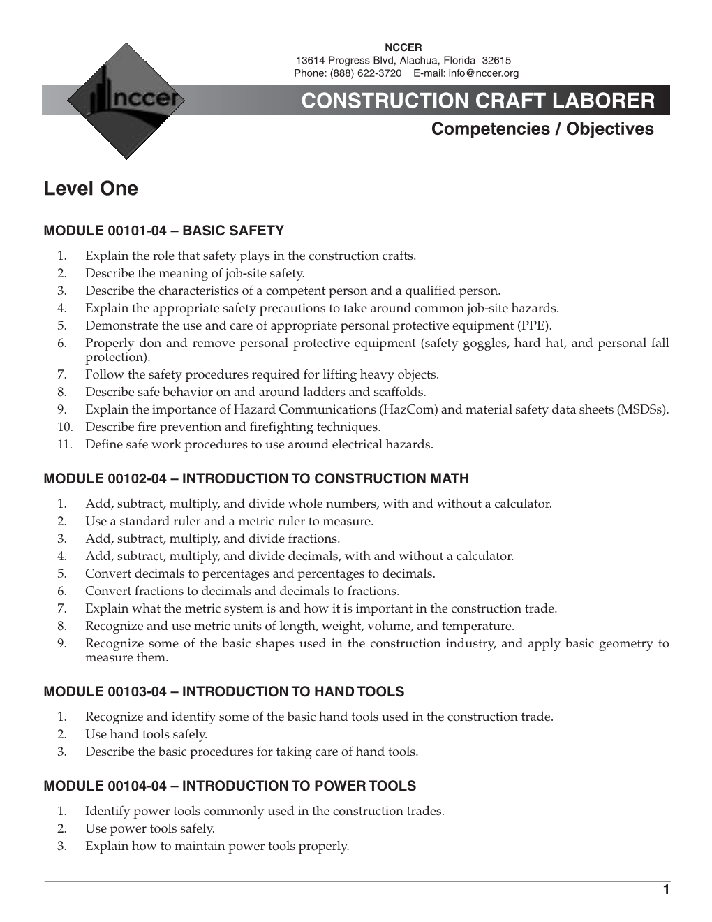 CONSTRUCTION CRAFT LABORER Competencies / Objectives