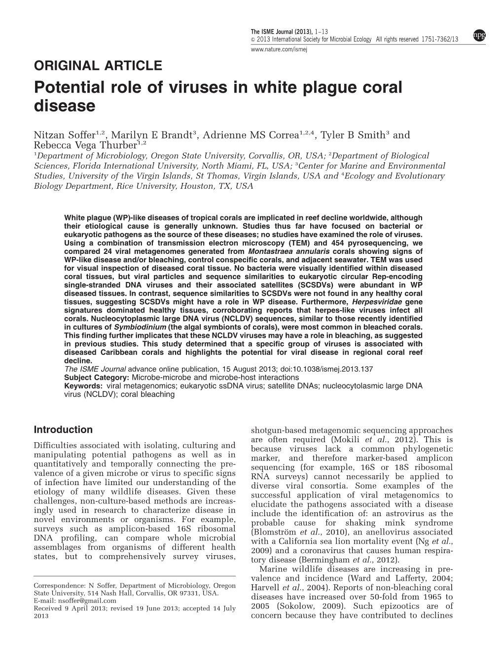 Potential Role of Viruses in White Plague Coral Disease