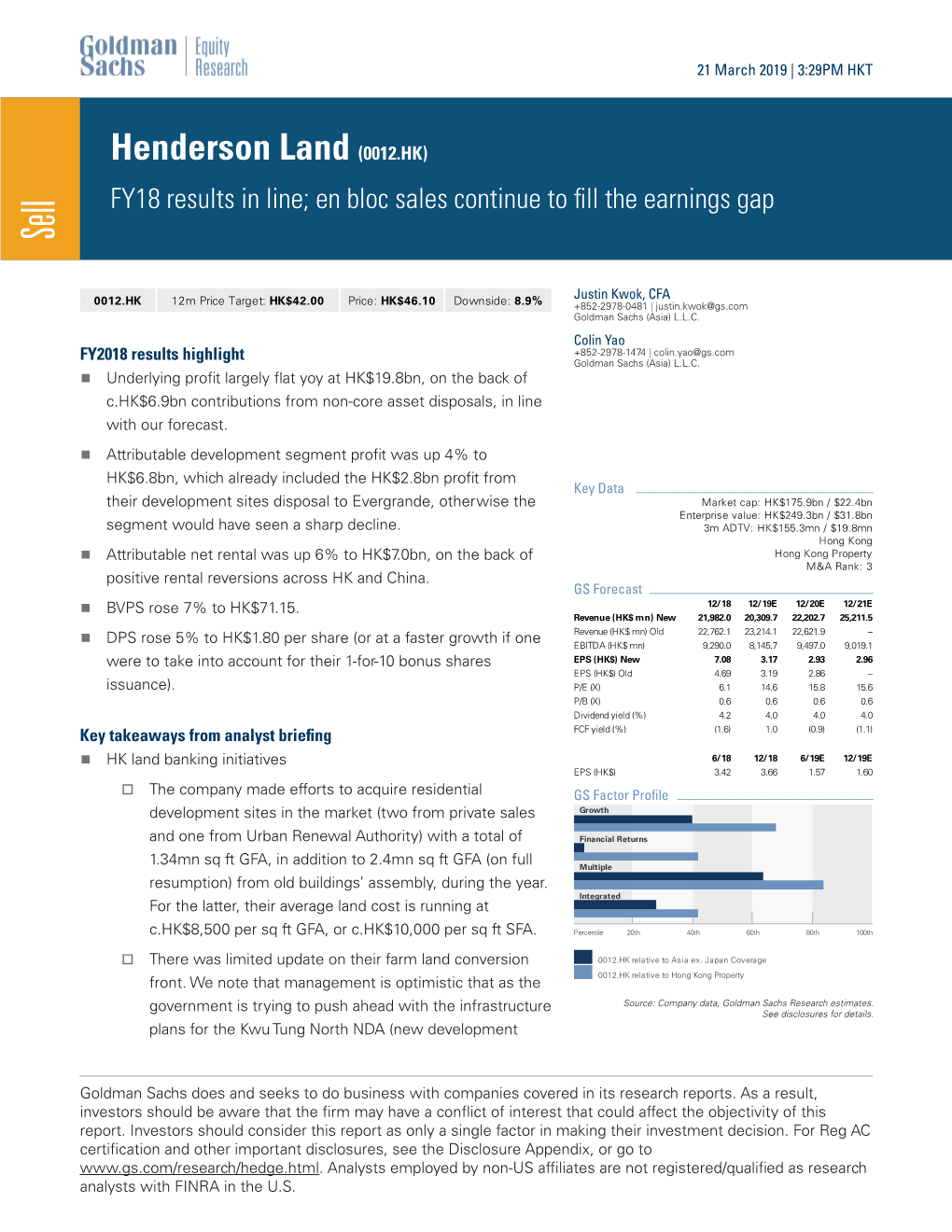 Henderson Land (0012.HK) FY18 Results in Line; En Bloc Sales Continue to ﬁll the Earnings Gap Sell