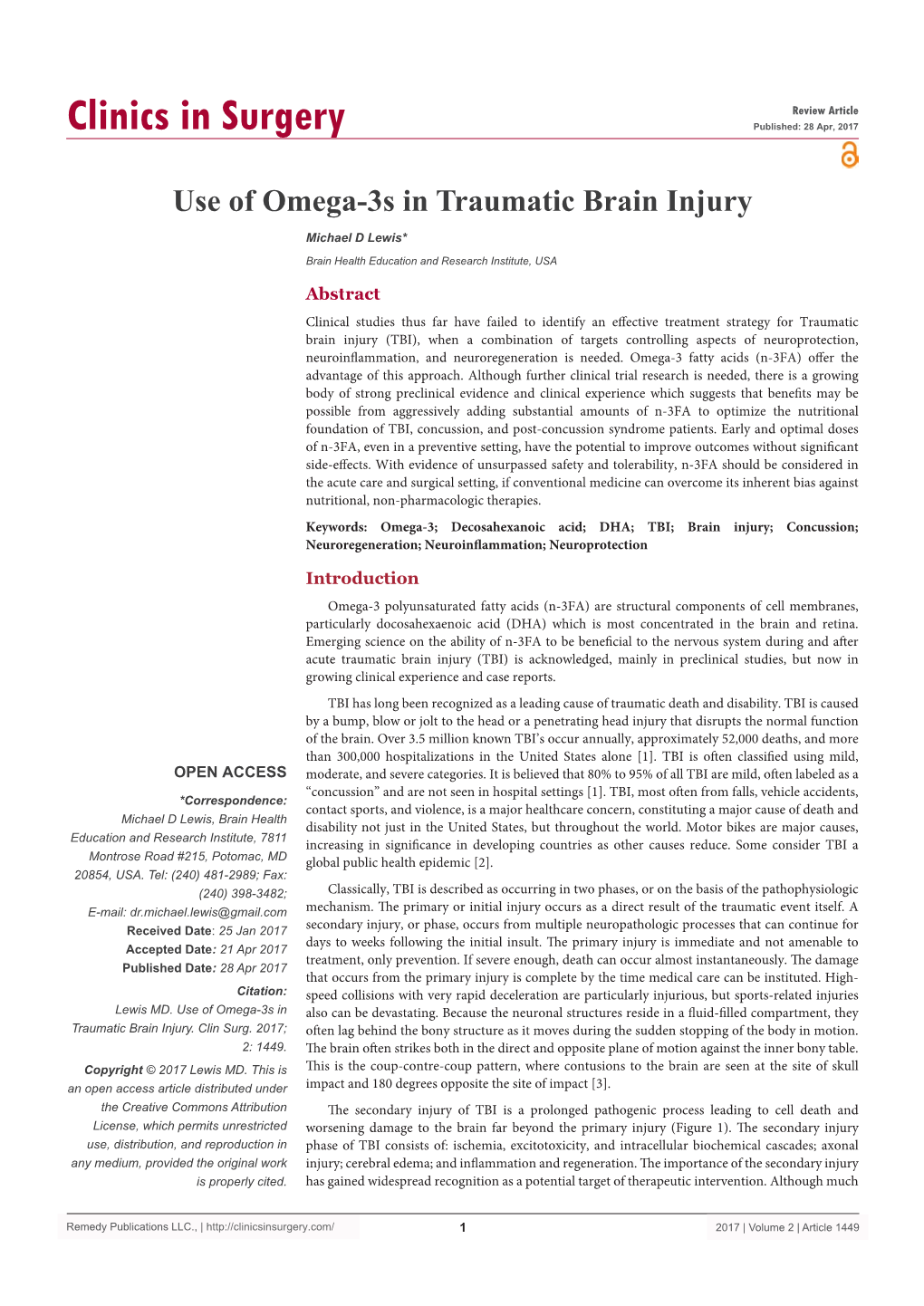 Use of Omega-3S in Traumatic Brain Injury