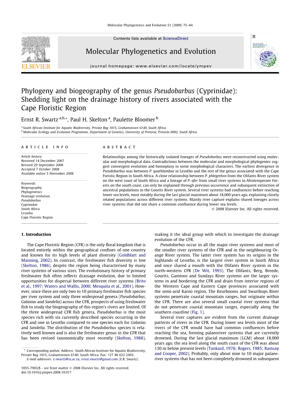 Phylogeny and Biogeography of the Genus Pseudobarbus (Cyprinidae): Shedding Light on the Drainage History of Rivers Associated with the Cape Floristic Region