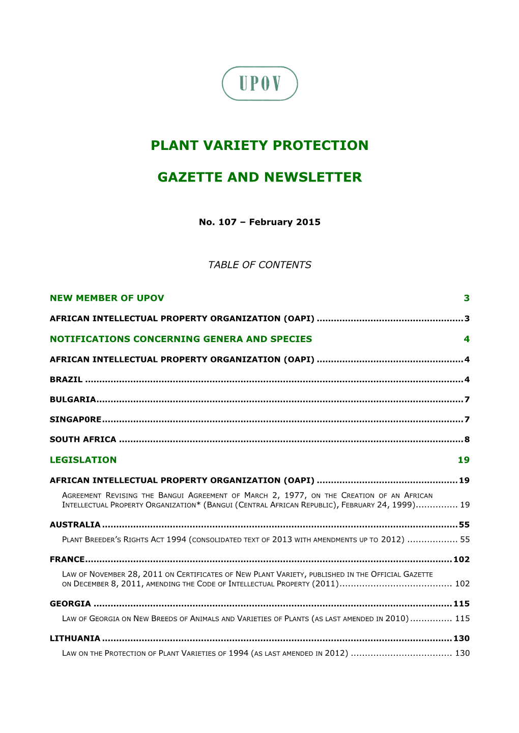 Plant Variety Protection Gazette and Newsletter