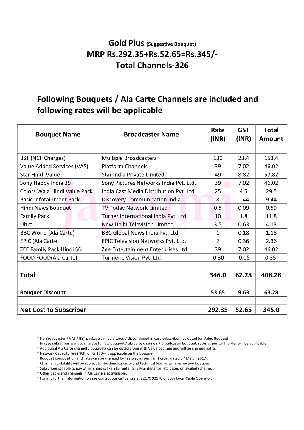 Gold Plus (Suggestive Bouquet) MRP Rs.292.35+Rs.52.65=Rs.345/- Total Channels-326