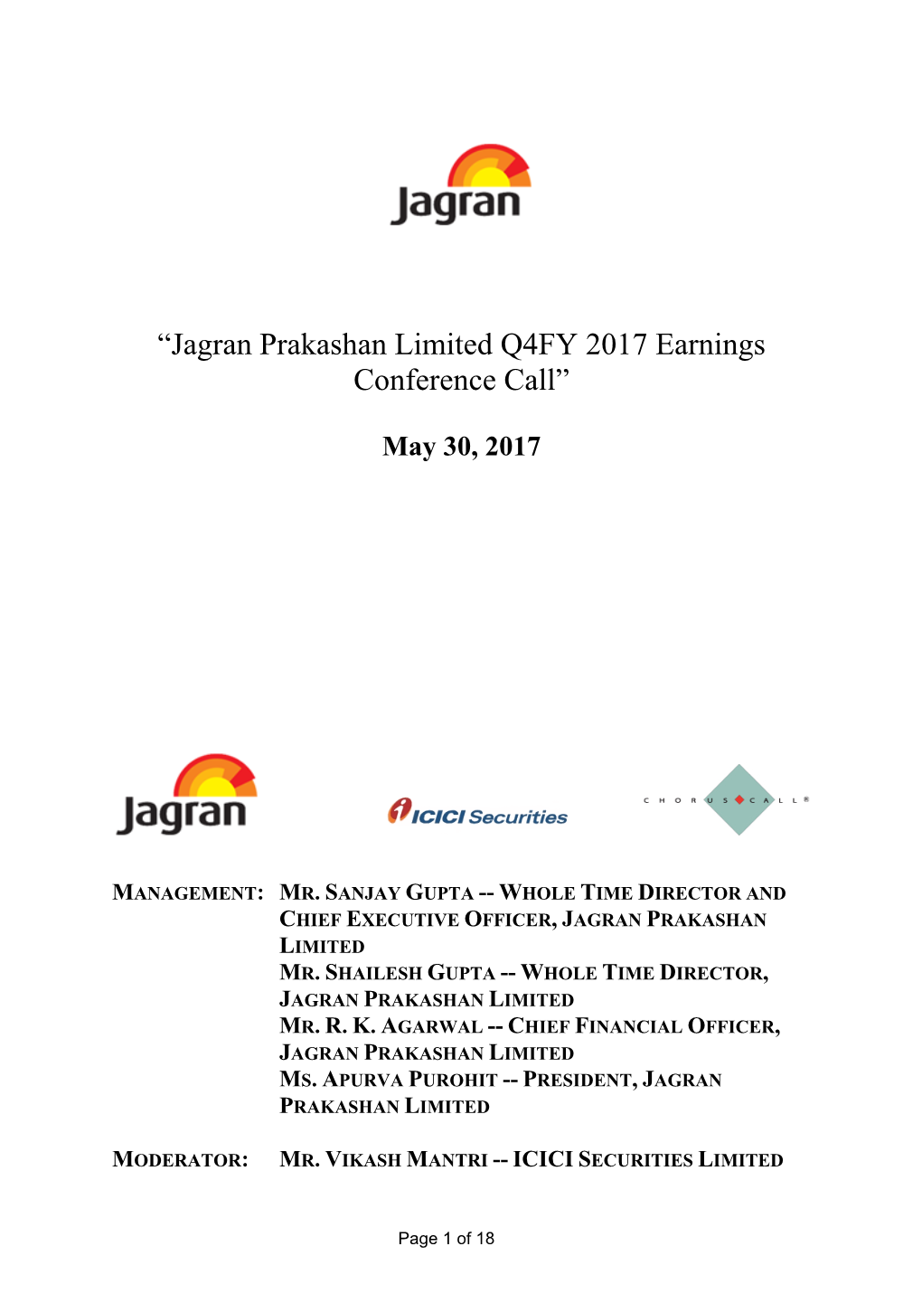 “Jagran Prakashan Limited Q4FY 2017 Earnings Conference Call”