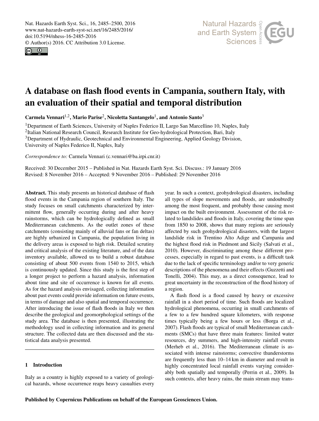 A Database on Flash Flood Events in Campania, Southern Italy, with An