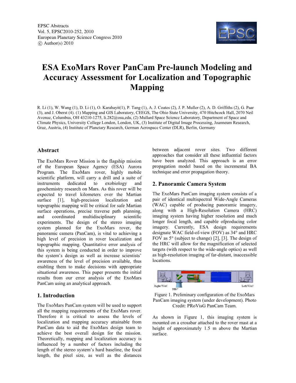 ESA Exomars Rover Pancam Pre-Launch Modeling and Accuracy Assessment for Localization and Topographic Mapping