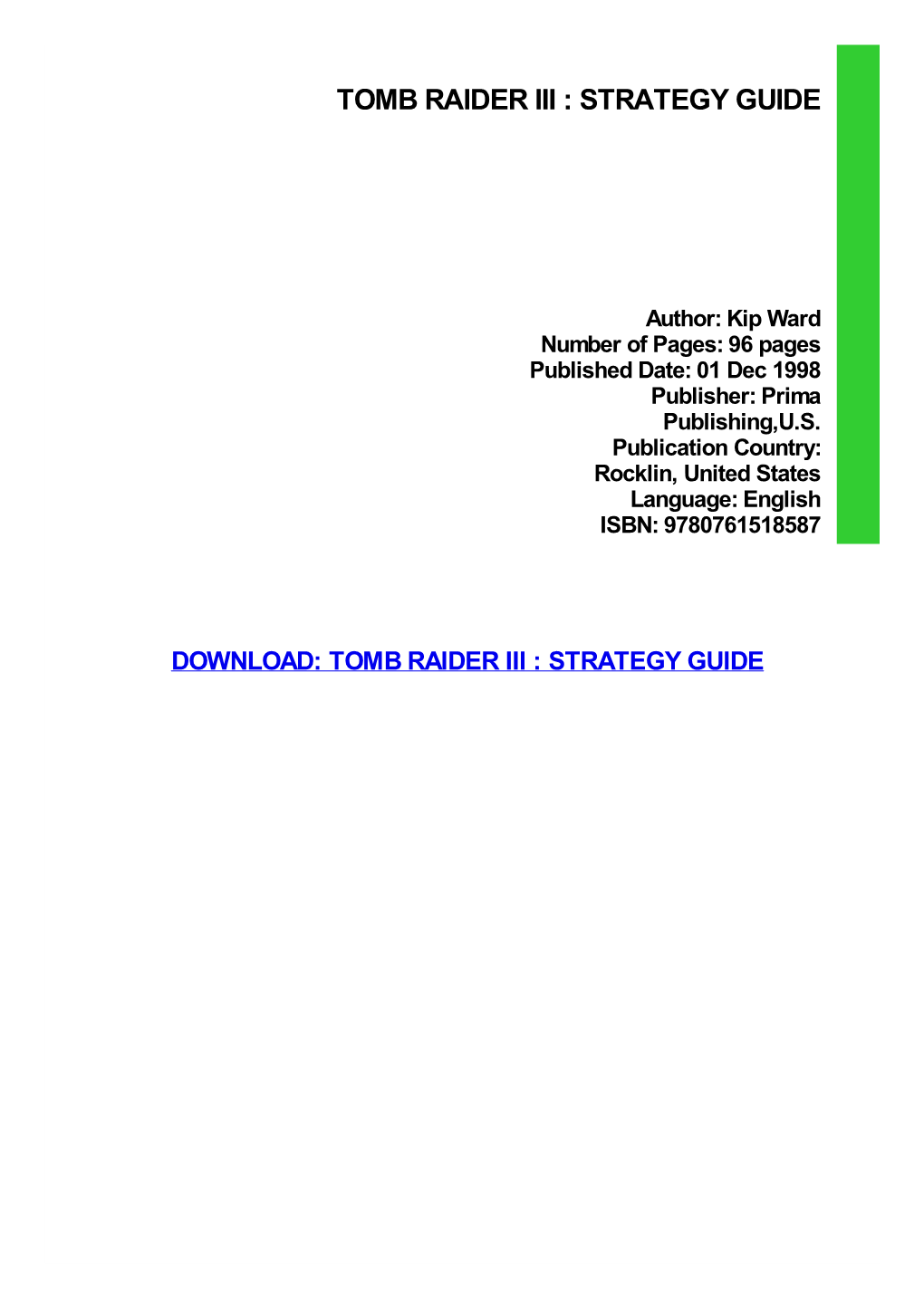 Tomb Raider III : Strategy Guide Ebook, Epub