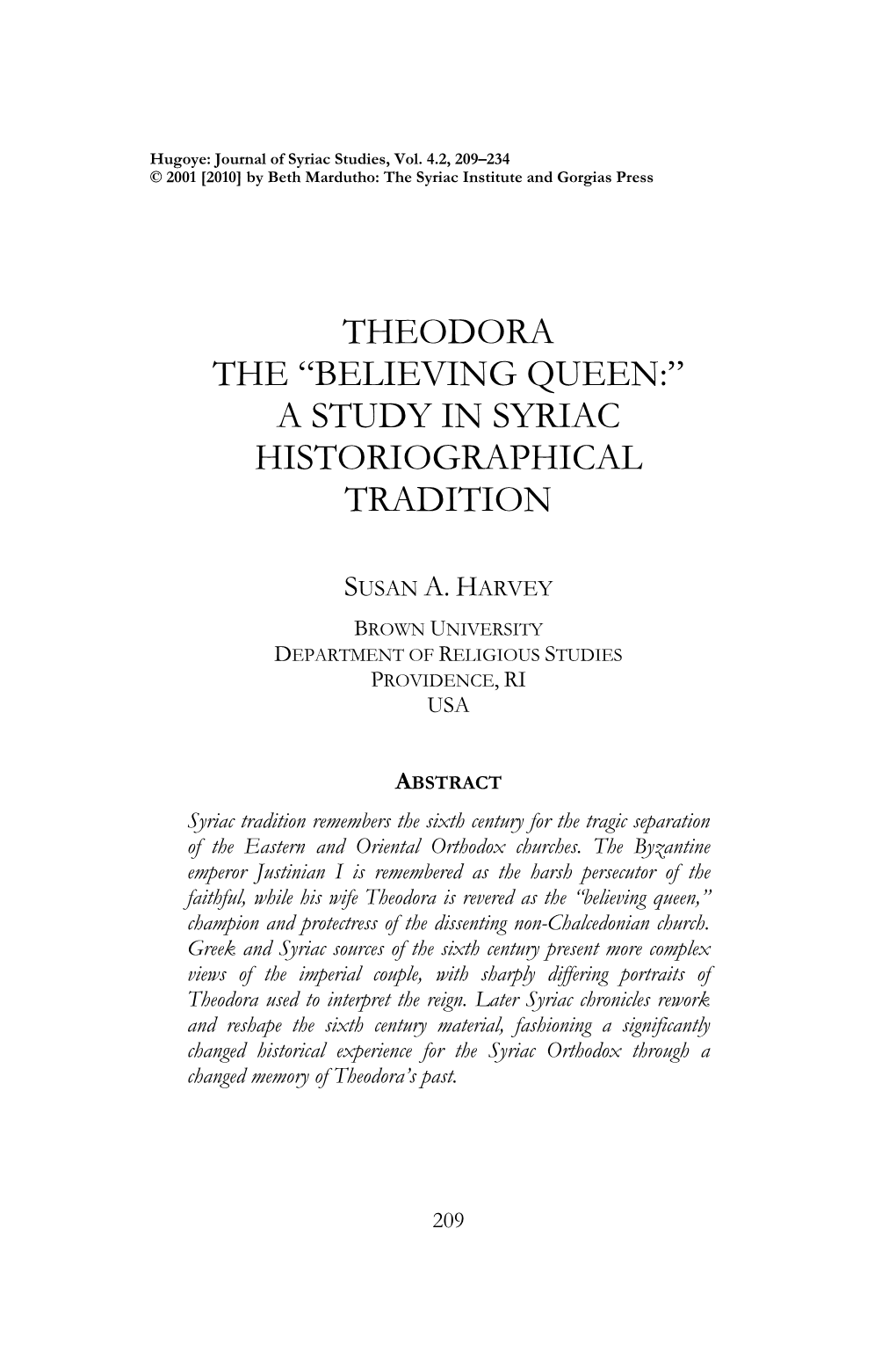 Theodora the “Believing Queen:” a Study in Syriac Historiographical Tradition