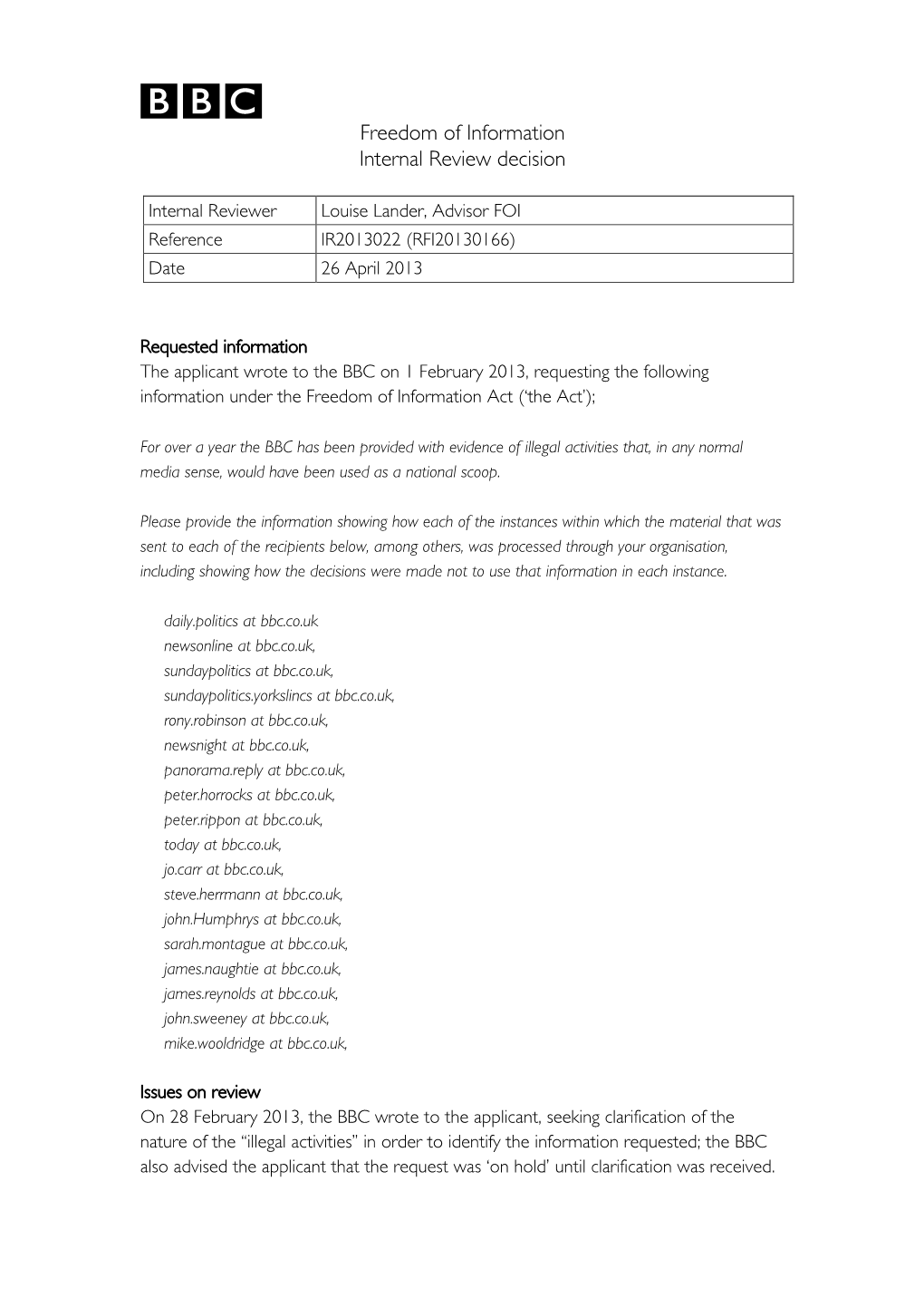 Freedom of Information Internal Review Decision