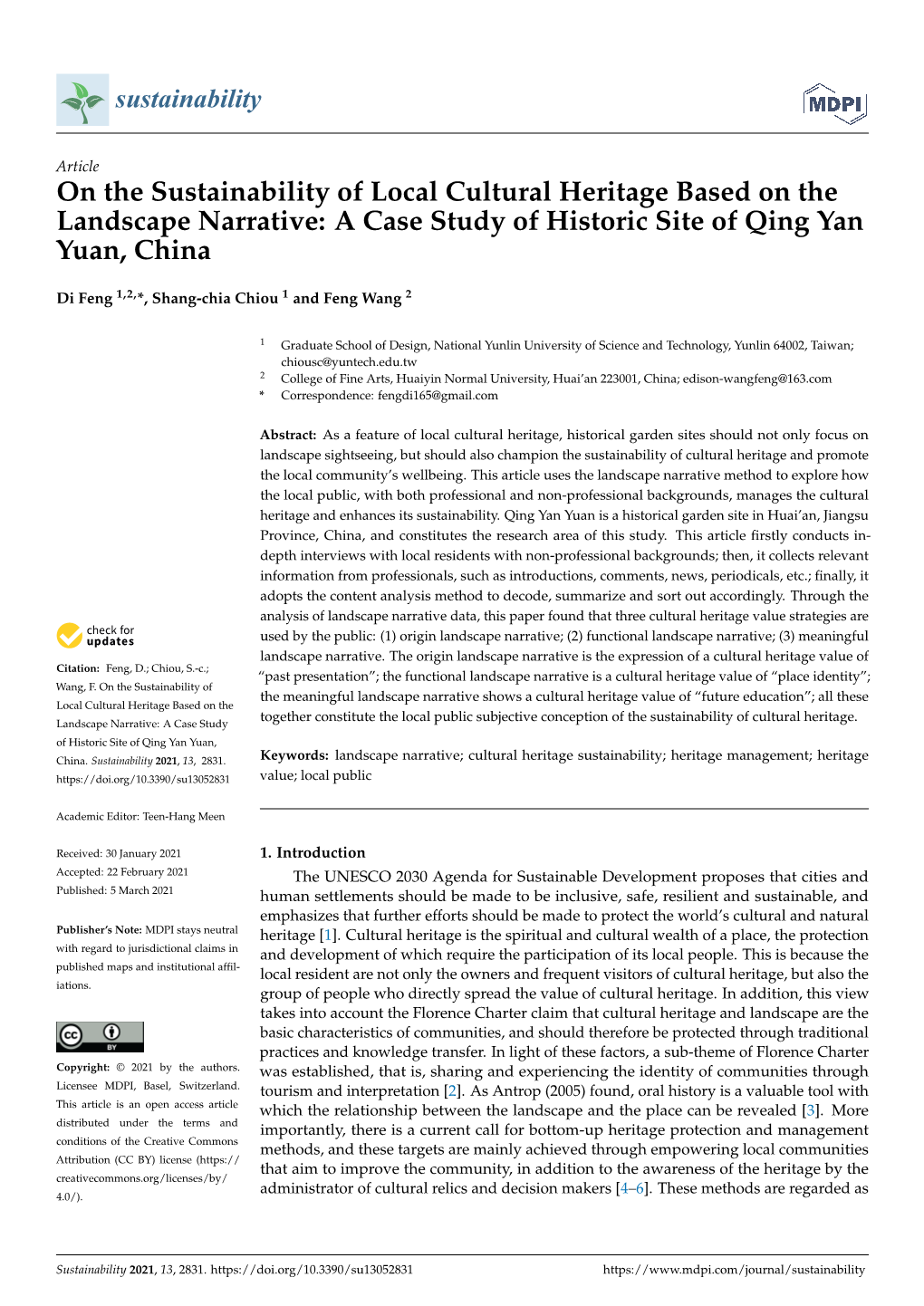On the Sustainability of Local Cultural Heritage Based on the Landscape Narrative: a Case Study of Historic Site of Qing Yan Yuan, China