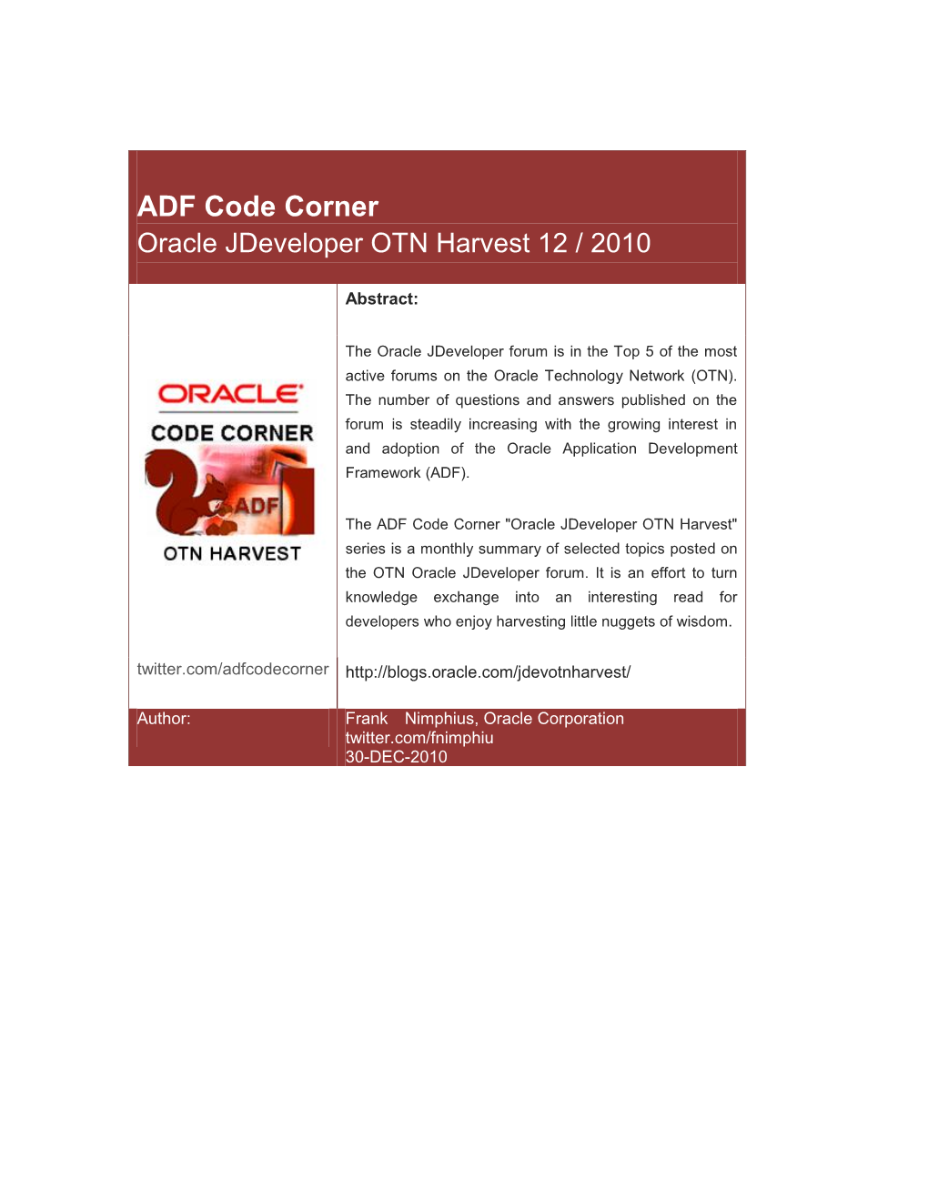 ADF Code Corner: Oracle Jdeveloper OTN Harvest Xx / 2010