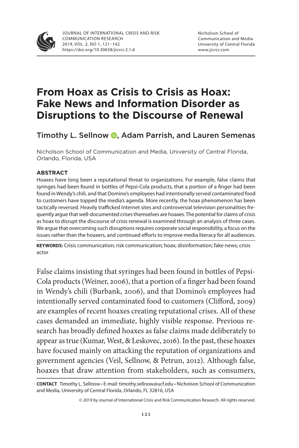 From Hoax As Crisis to Crisis As Hoax: Fake News and Information Disorder As Disruptions to the Discourse of Renewal