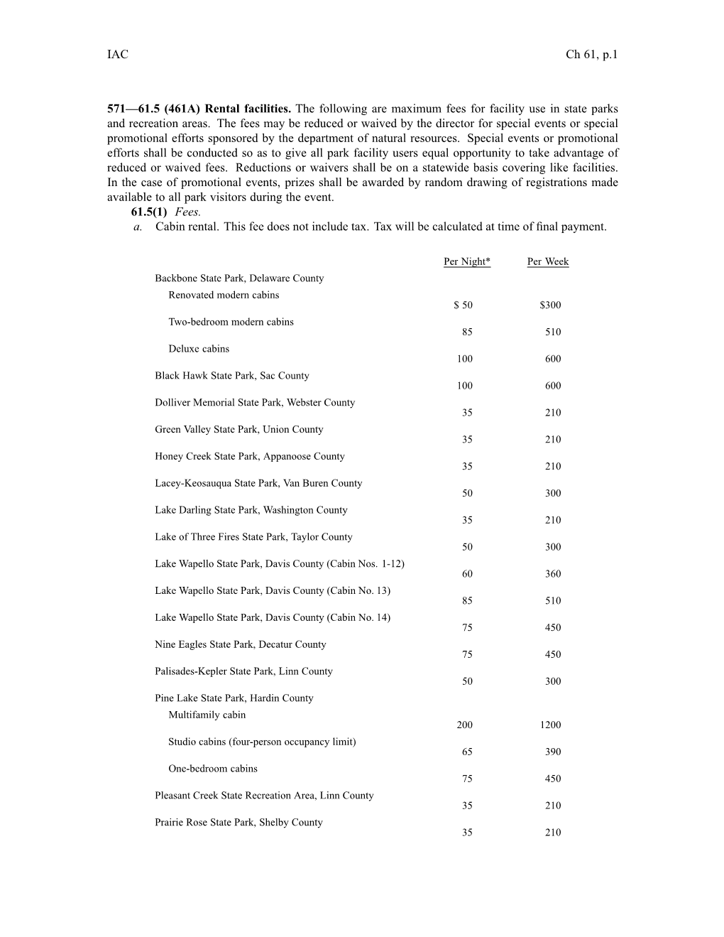 IAC Ch 61, P.1 571—61.5 (461A) Rental Facilities. the Following Are