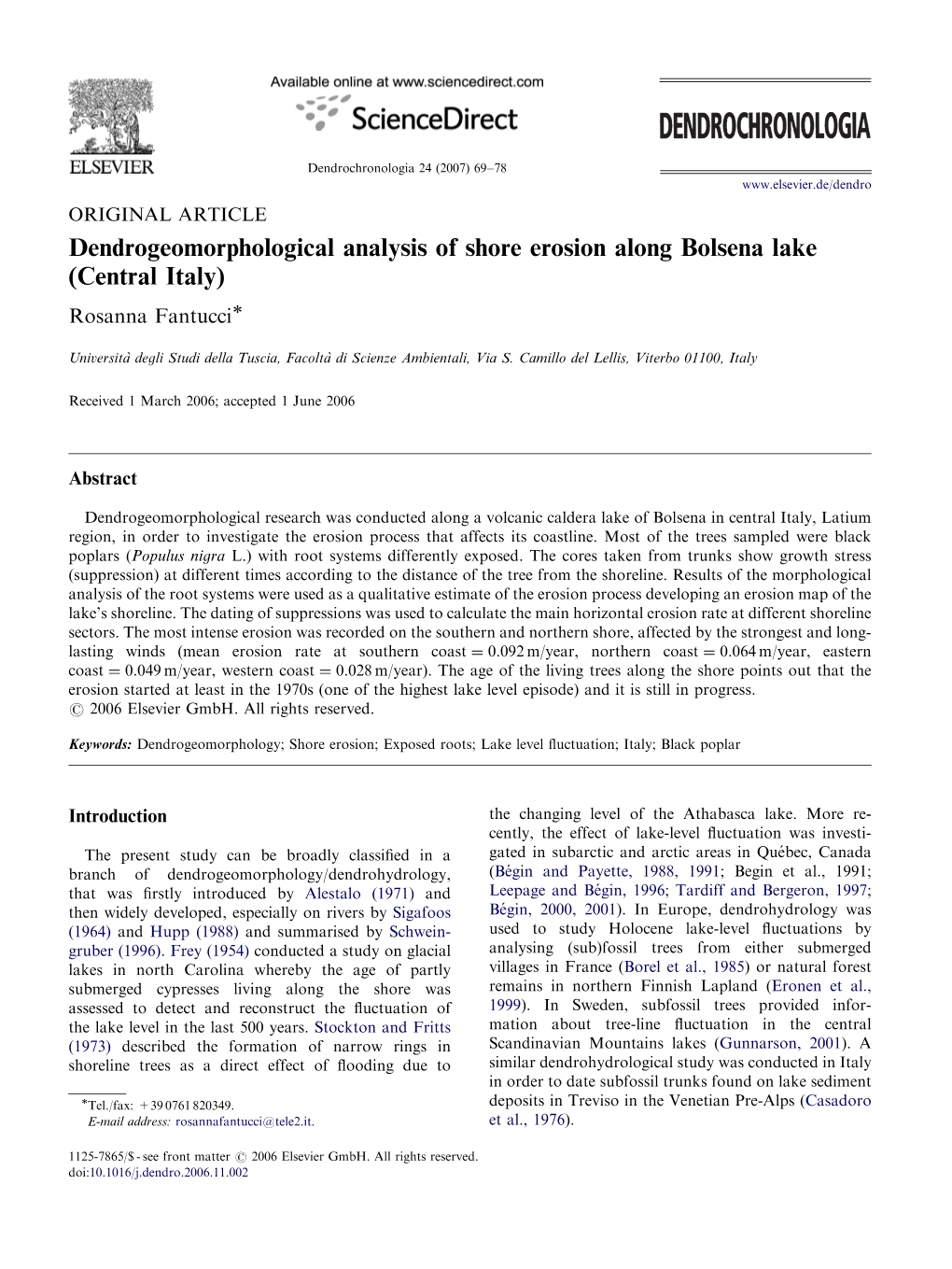 Dendrogeomorphological Analysis of Shore Erosion Along Bolsena Lake (Central Italy) Rosanna Fantucciã