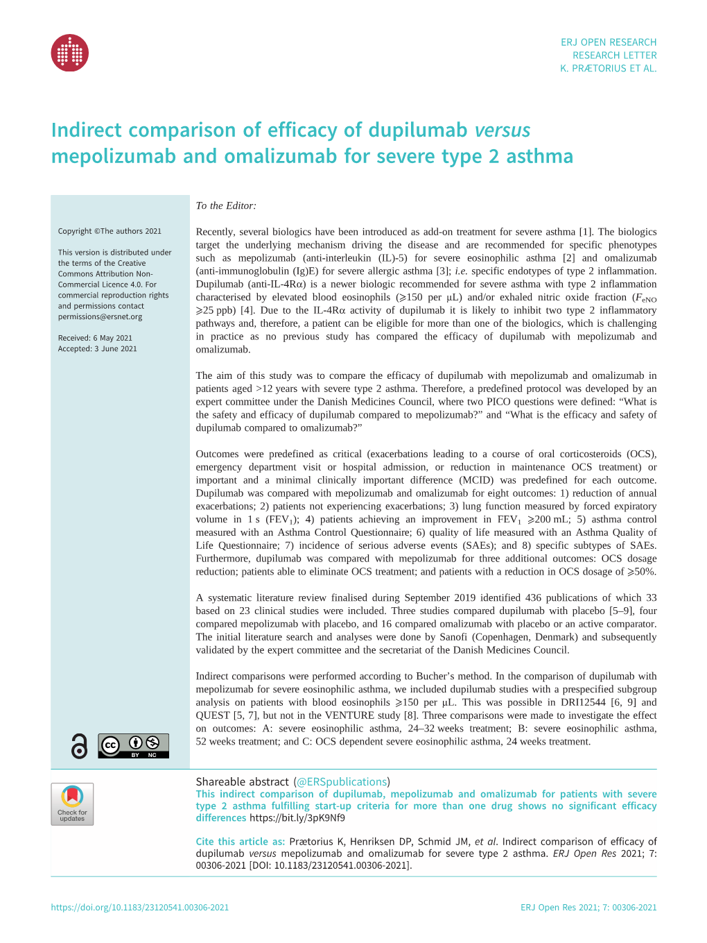 Indirect Comparison of Efficacy of Dupilumab Versus Mepolizumab and Omalizumab for Severe Type 2 Asthma