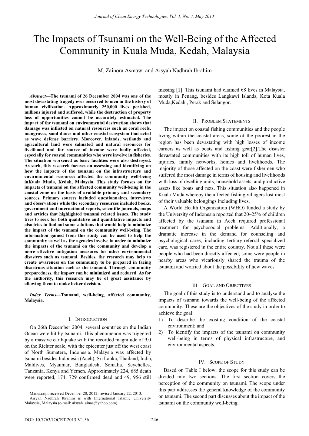 The Impacts of Tsunami on the Well-Being of the Affected Community in Kuala Muda, Kedah, Malaysia