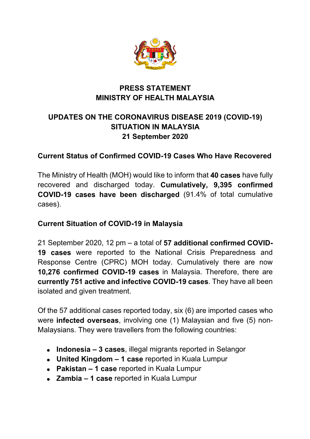(COVID-19) SITUATION in MALAYSIA 21 September 2020