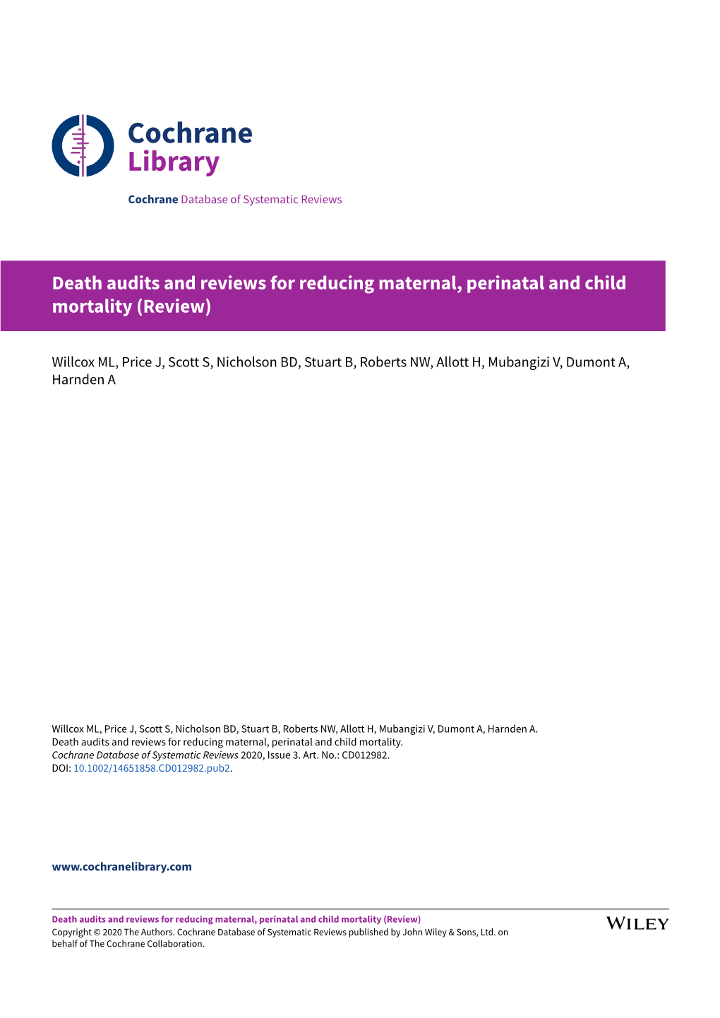 Death Audits and Reviews for Reducing Maternal, Perinatal and Child Mortality (Review)