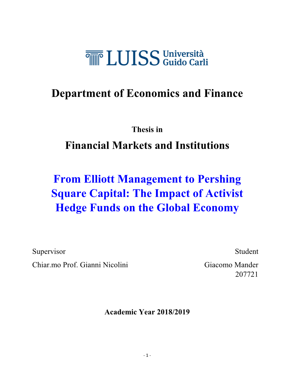 Department of Economics and Finance from Elliott Management