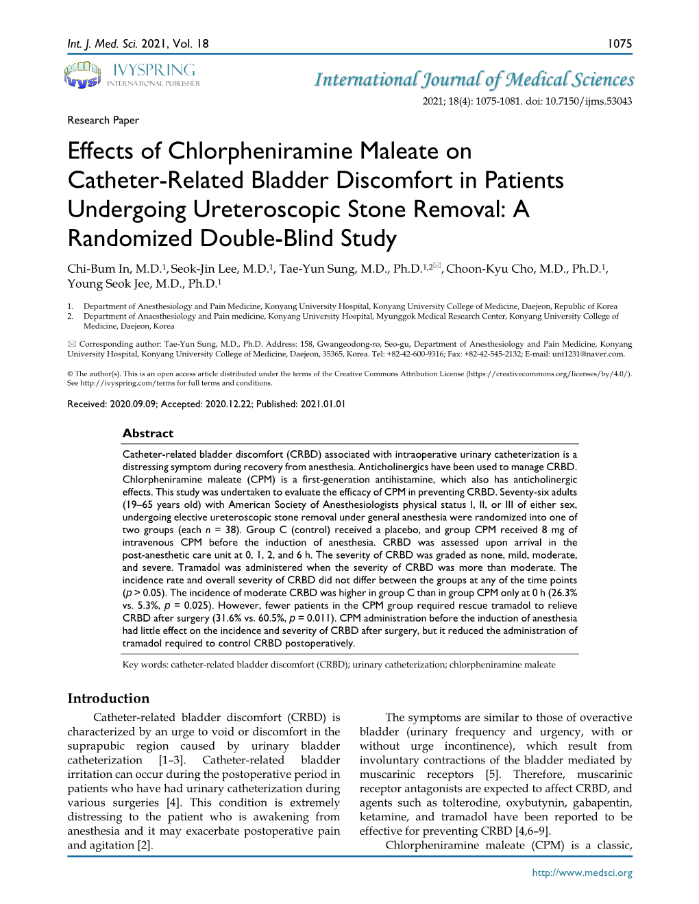 Effects of Chlorpheniramine Maleate on Catheter-Related Bladder