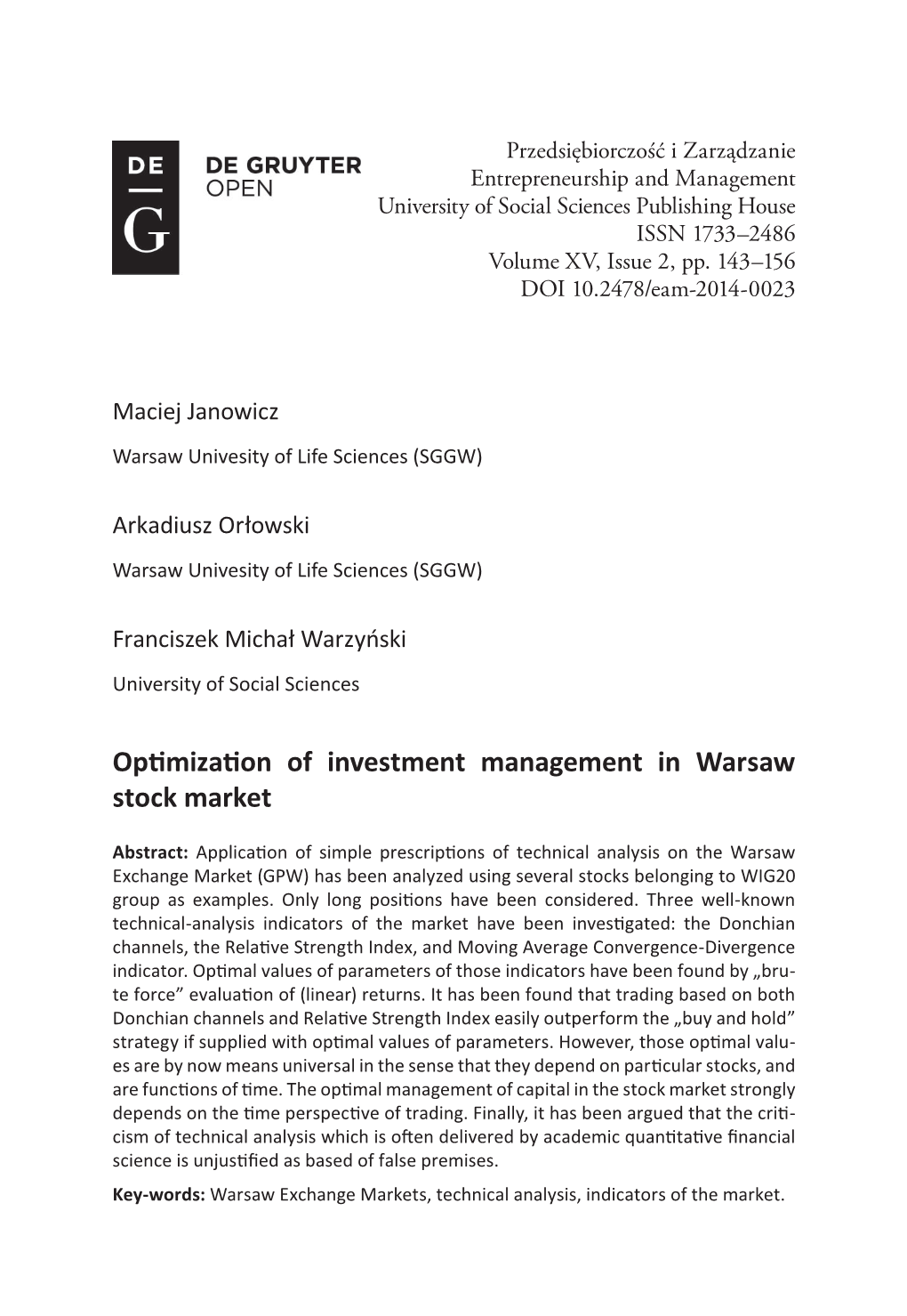 Optimization of Investment Management in Warsaw Stock Market