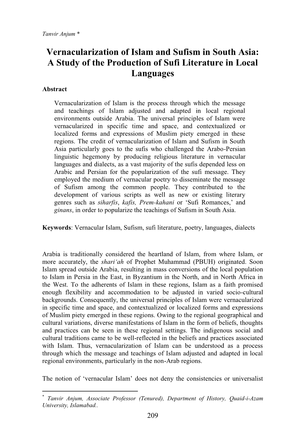 Vernacularization of Islam and Sufism in South Asia: a Study of the Production of Sufi Literature in Local Languages