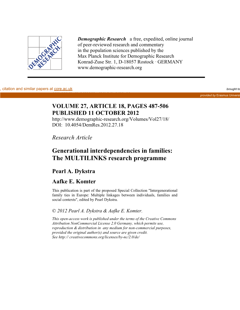 Generational Interdependencies in Families: the MULTILINKS Research Programme