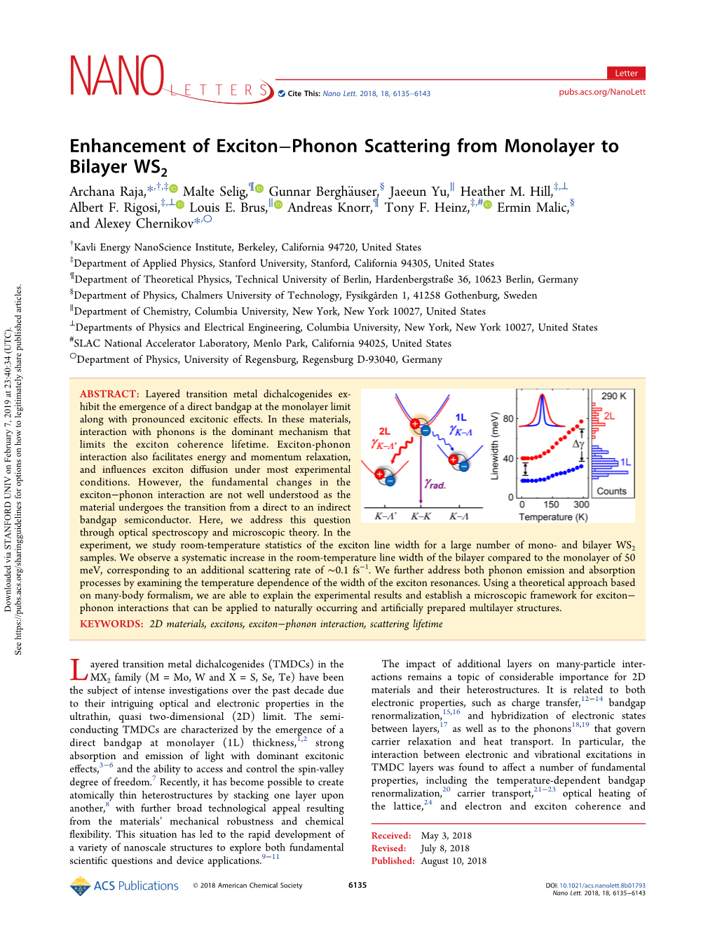 Enhancement of Exciton−Phonon Scattering from Monolayer to Bilayer WS2 † ‡ ¶ § ∥ ‡ ⊥ Archana Raja,*, , Malte Selig, Gunnar Berghauser,̈ Jaeeun Yu, Heather M