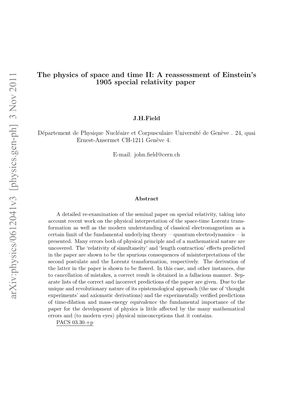 The Physics of Space and Time II: a Reassessment of Einstein's 1905