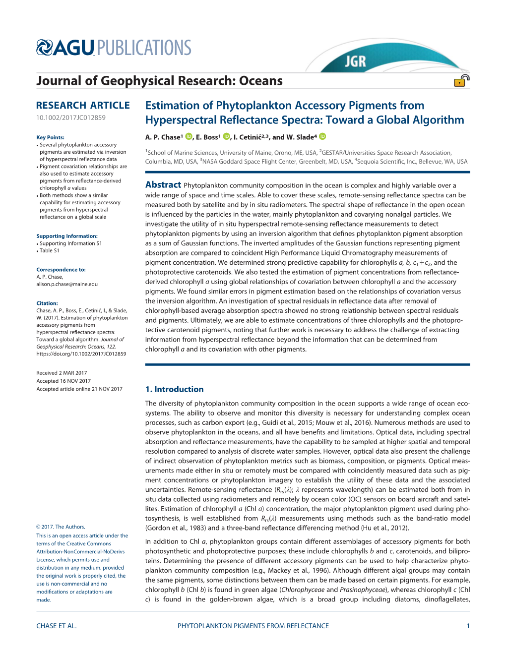 Estimation of Phytoplankton Accessory Pigments from 10.1002/2017JC012859 Hyperspectral Reflectance Spectra: Toward a Global Algorithm