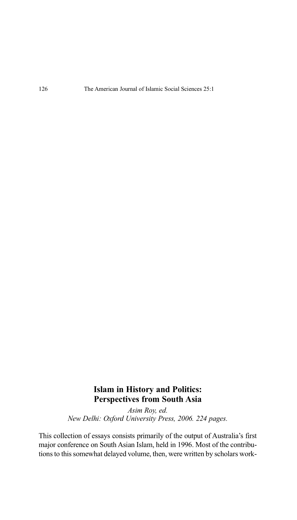 Islam in History and Politics: Perspectives from South Asia Asim Roy, Ed