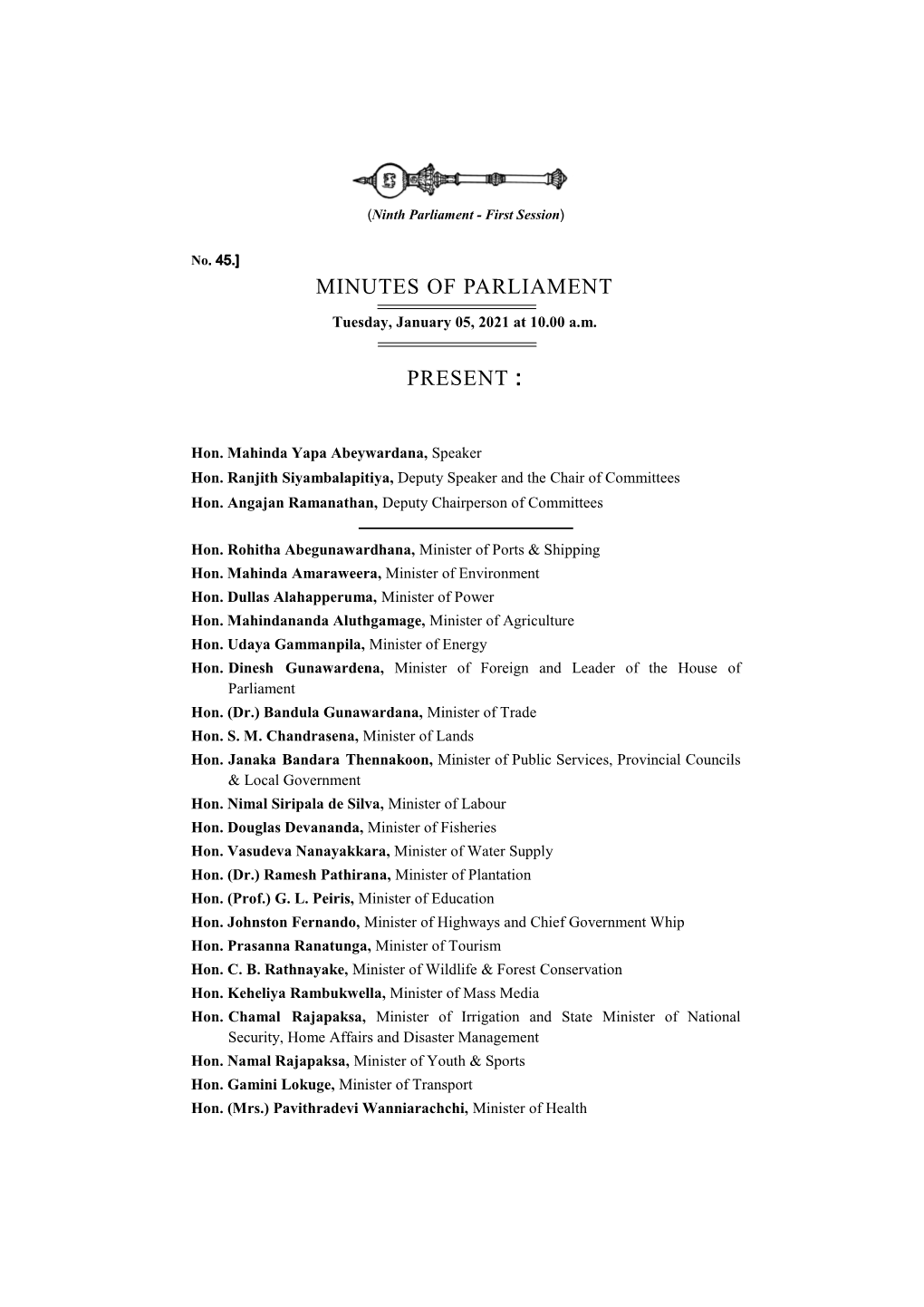 Minutes of Parliament for 05.01.2021