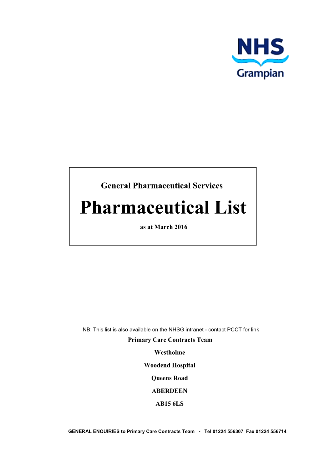 Pharmaceutical List As at March 2016