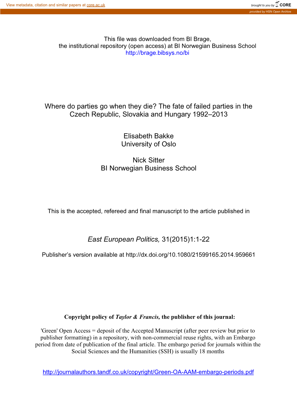 Where Do Parties Go When They Die? the Fate of Failed Parties in the Czech Republic, Slovakia and Hungary 1992–2013