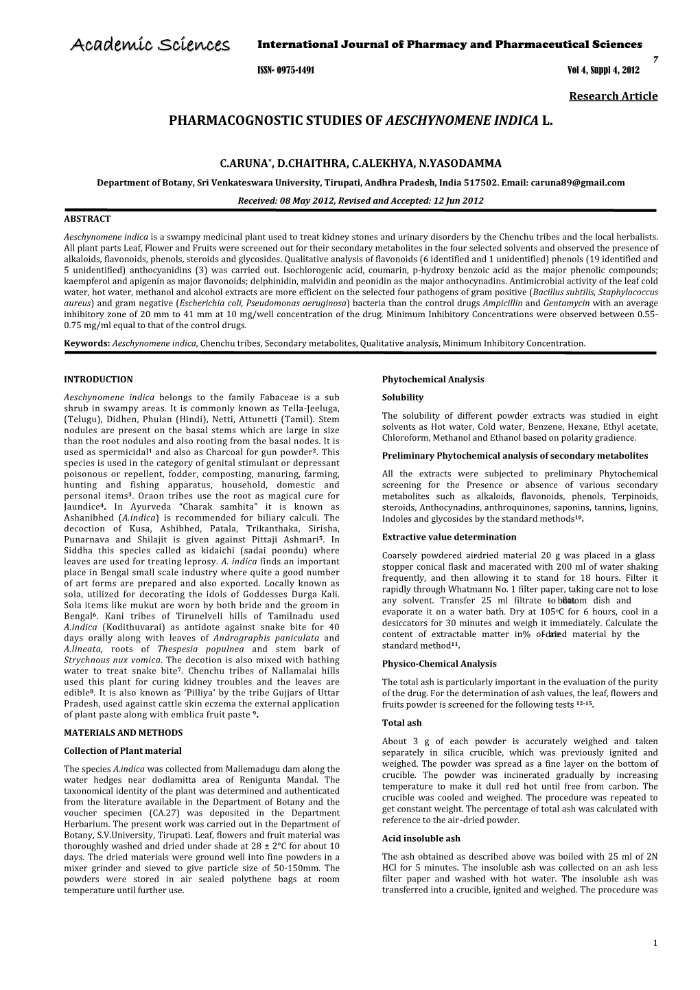 Pharmacognostic Studies of Aeschynomene Indica L