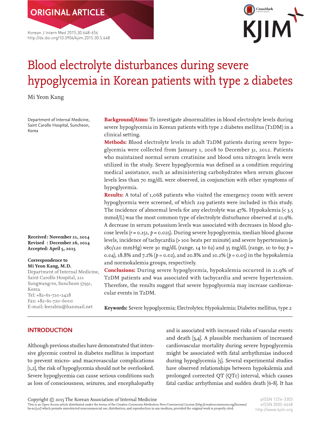 Blood Electrolyte Disturbances During Severe Hypoglycemia in Korean Patients with Type 2 Diabetes