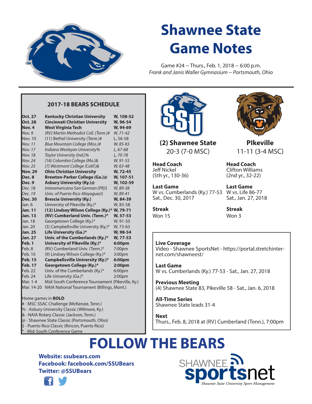 FOLLOW the BEARS Shawnee State Game Notes