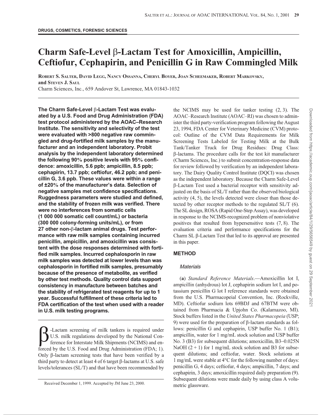 Charm Safe-Level B-Lactam Test for Amoxicillin, Ampicillin, Ceftiofur, Cephapirin, and Penicillin G in Raw Commingled Milk