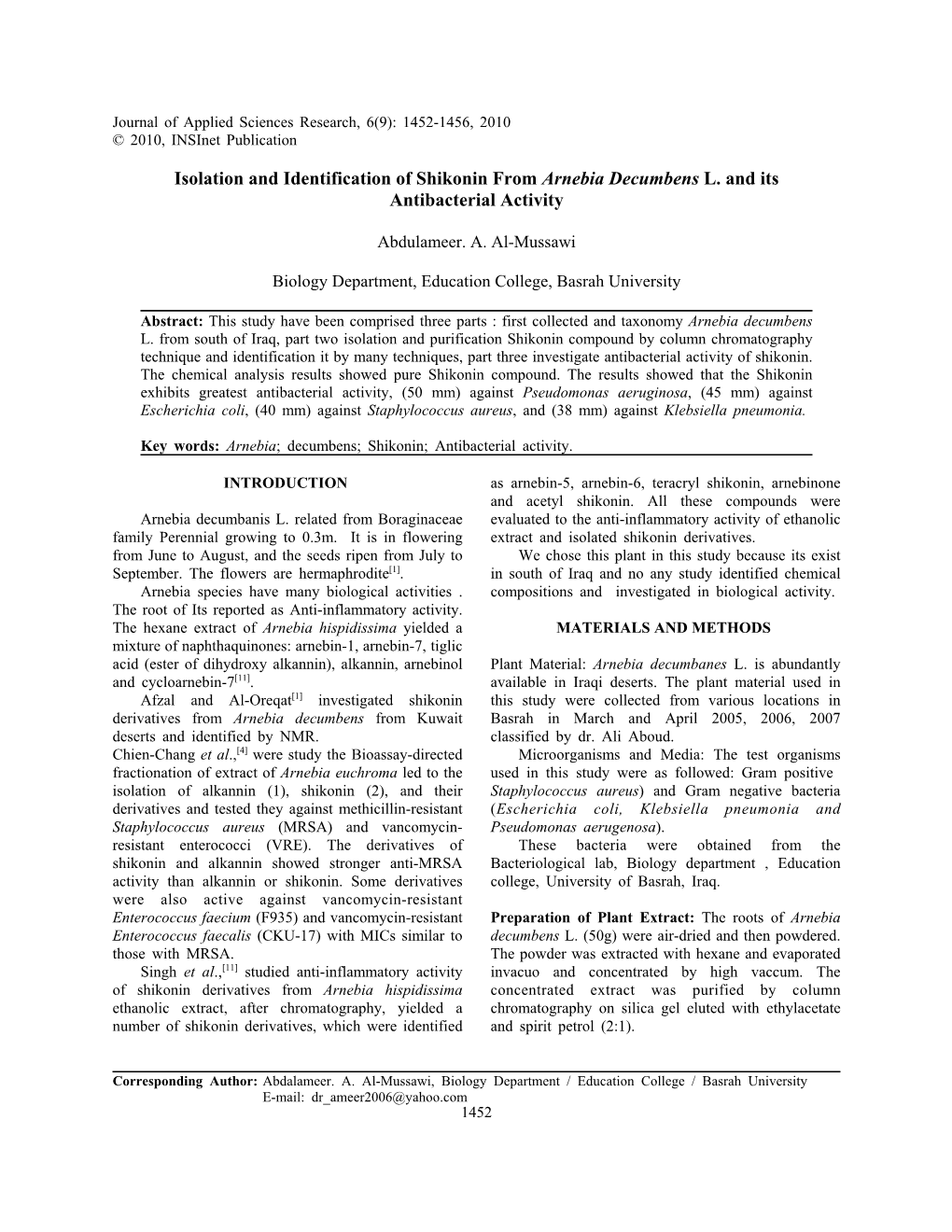 Isolation and Identification of Shikonin from Arnebia Decumbens L. and Its Antibacterial Activity