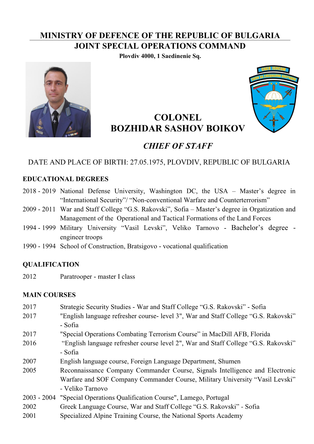 Colonel Bozhidar Sashov Boikov