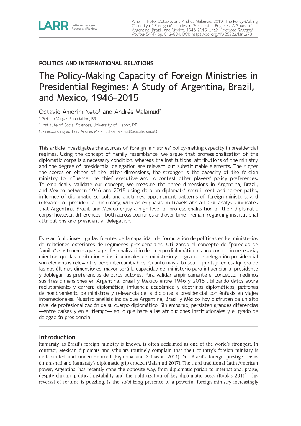 The Policy-Making Capacity of Foreign Ministries in Presidential Regimes: a Study of Argentina, Brazil, and Mexico, 1946–2015