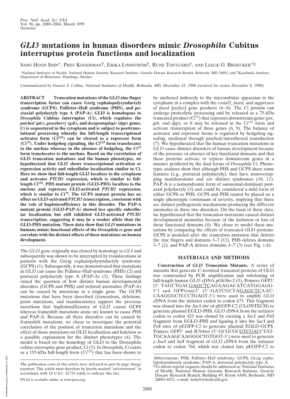 GLI3 Mutations in Human Disorders Mimic Drosophila Cubitus Interruptus Protein Functions and Localization