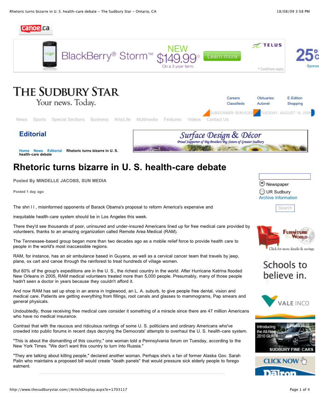 Rhetoric Turns Bizarre in U. S. Health-Care Debate - the Sudbury Star - Ontario, CA 18/08/09 3:58 PM