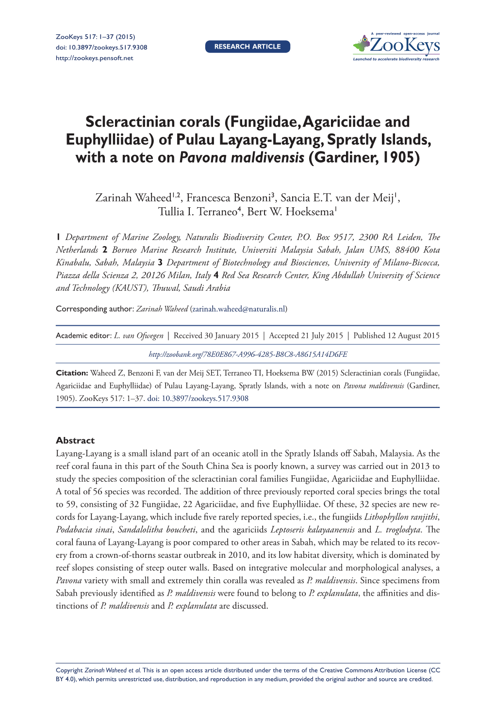 ﻿Scleractinian Corals (Fungiidae, Agariciidae and Euphylliidae) Of