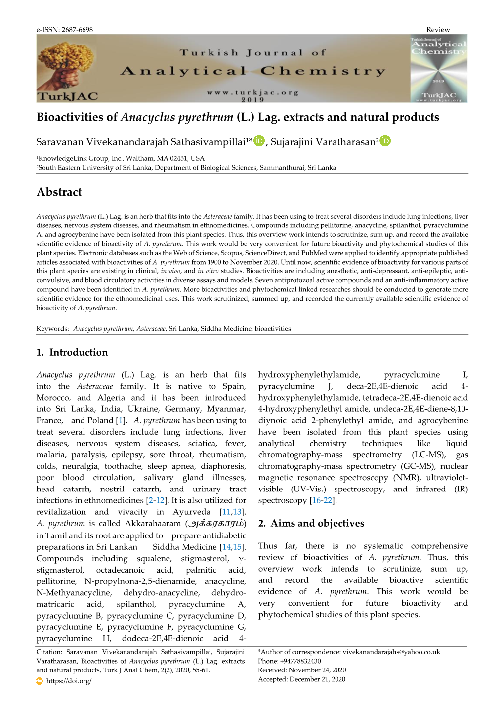 Bioactivities of Anacyclus Pyrethrum (L.) Lag