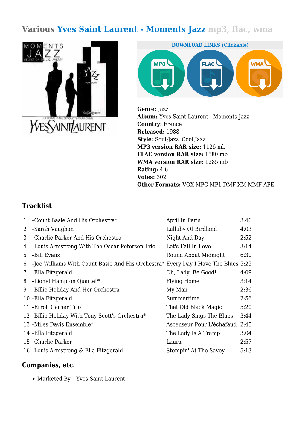 Various Yves Saint Laurent - Moments Jazz Mp3, Flac, Wma