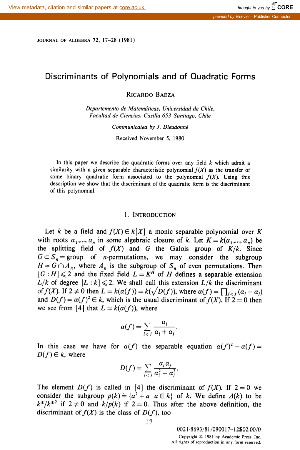 Discriminants of Polynomials and of Quadratic Forms