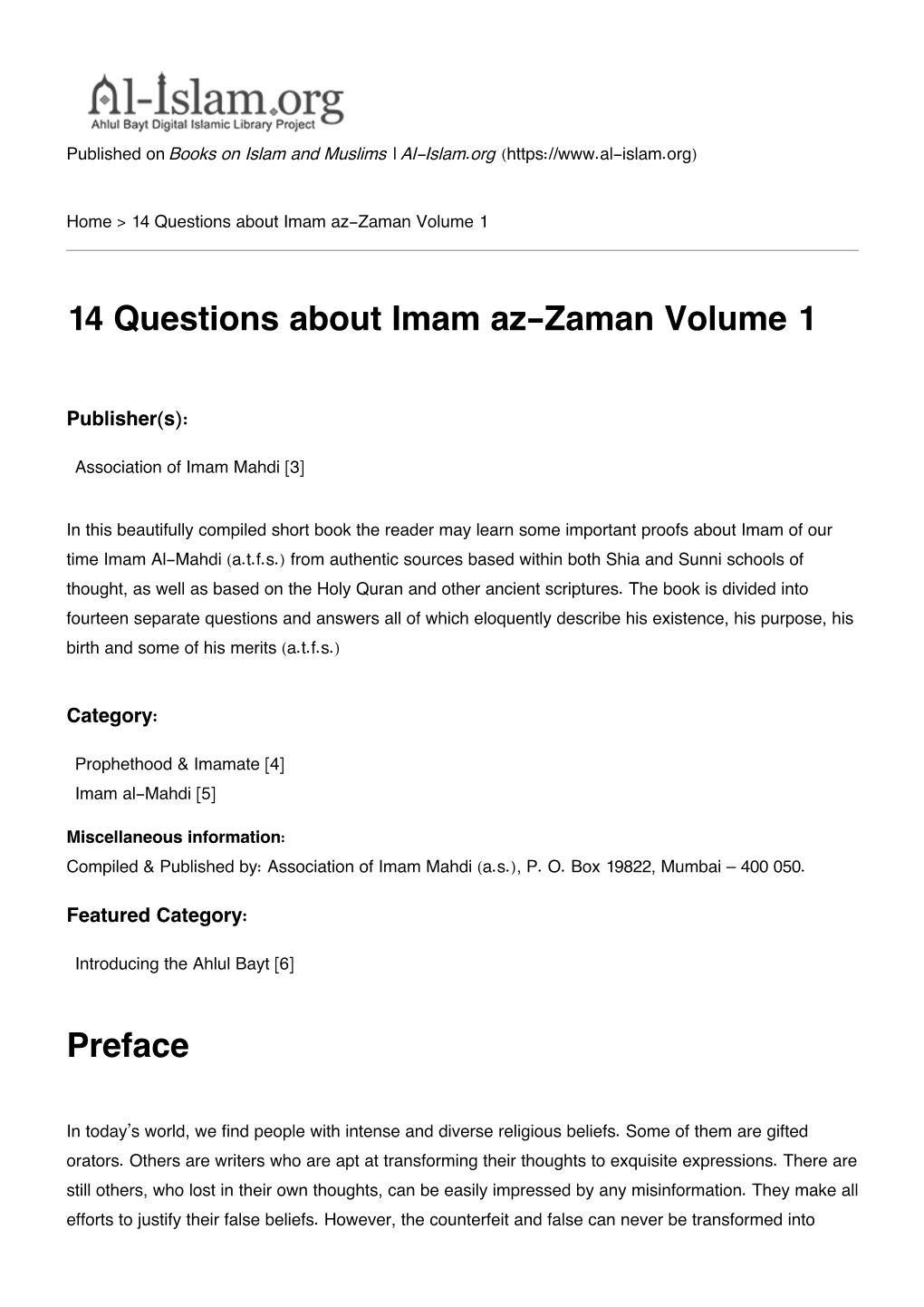 14 Questions About Imam Az-Zaman Volume 1