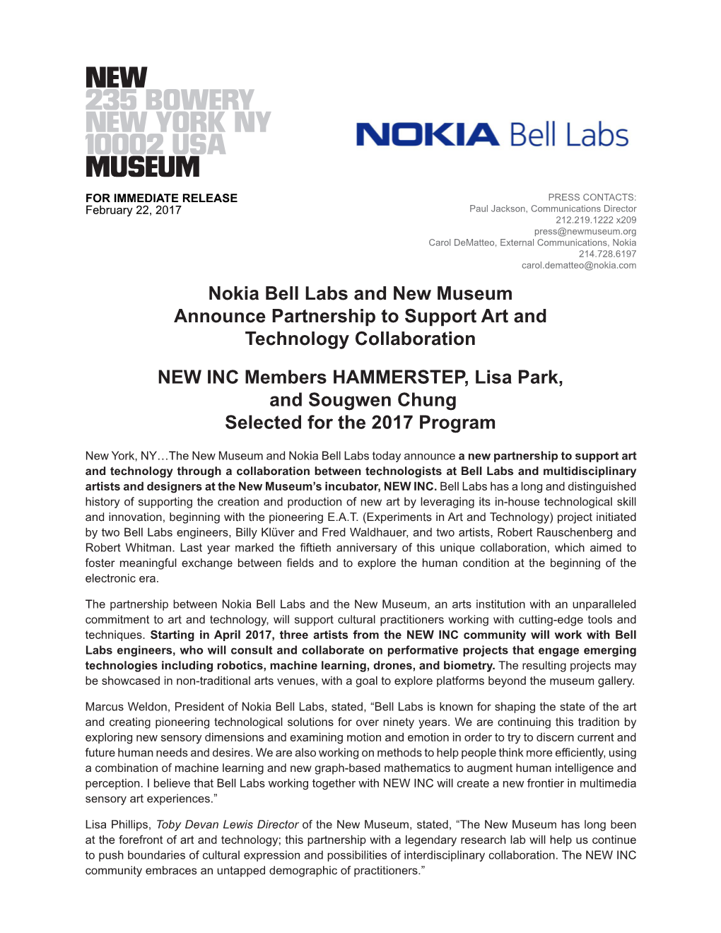 Nokia Bell Labs and New Museum Announce Partnership to Support Art and Technology Collaboration NEW INC Members HAMMERSTEP